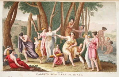 Callisto wird in einen Bären verwandelt oder Calisto Scacciata da Diana, Illustration aus Ovids Metamorphosen, Florenz, 1832